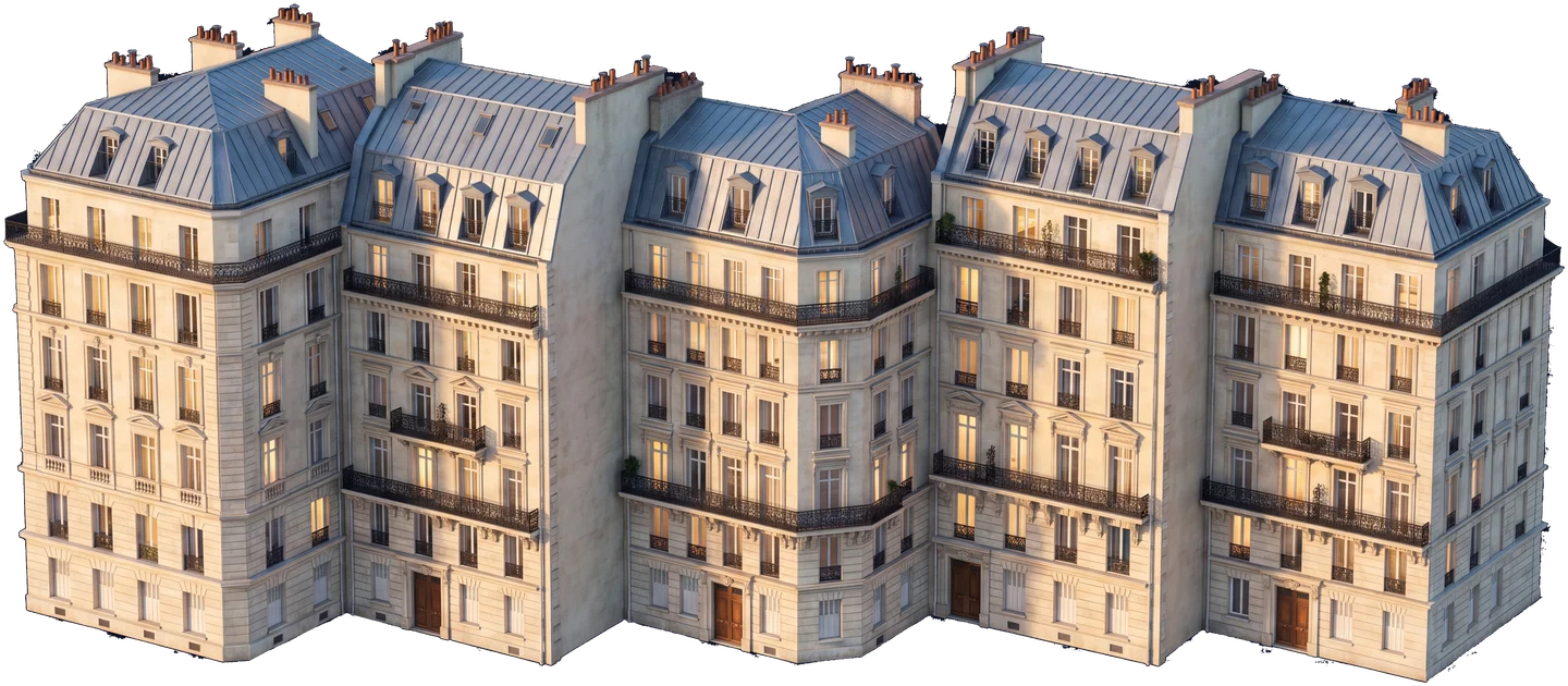 Alignement d'immeubles haussmanniens administrés en copropriété, fenêtres éclairées au crépuscule — rendu architectural AD Syndic