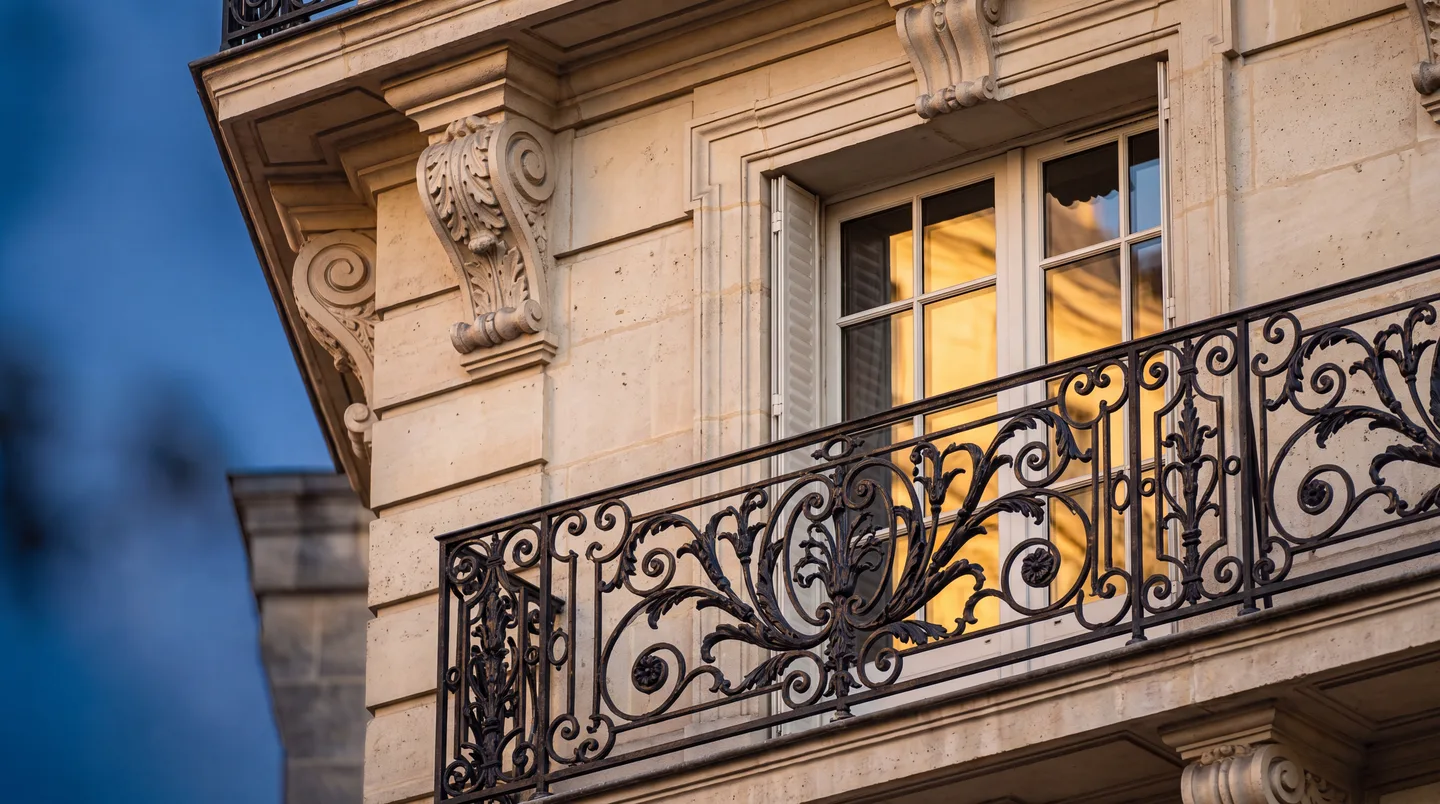 Détail de balcon haussmannien en fer forgé, façade en pierre de taille